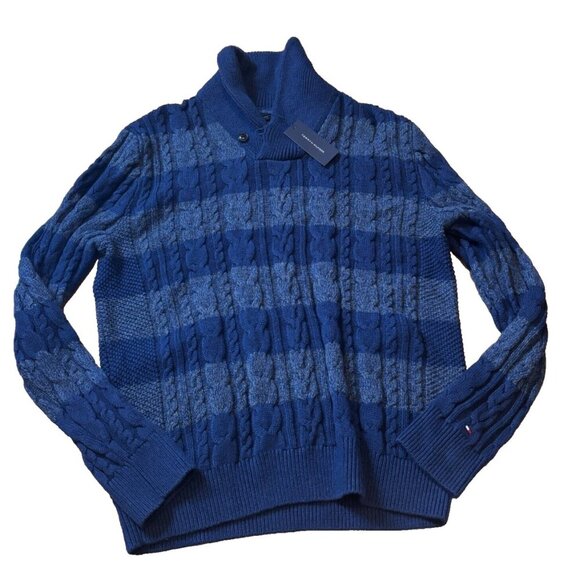 Tommy Hilfiger Chunky Knit Sweater Mens XL Navy Mock Neck Fisherman Pullover Y2K - Picture 1 of 5